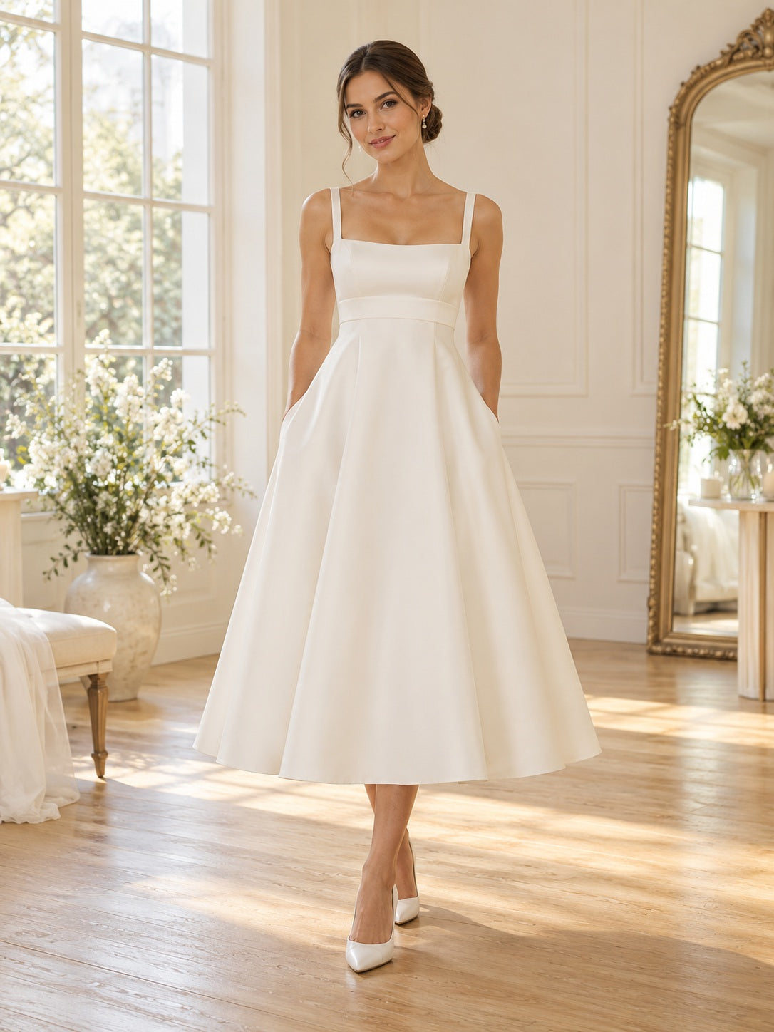 Vestido de novia de satén en marfil, corte imperio, escote cuadrado, sin mangas y largo a media pierna
