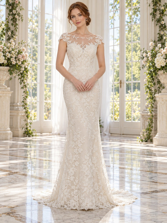 Modest Sheath Bateau Cap Sleeve Floral Lace Fitted Flowing Button Back Wedding Dress — image 1, style 748331