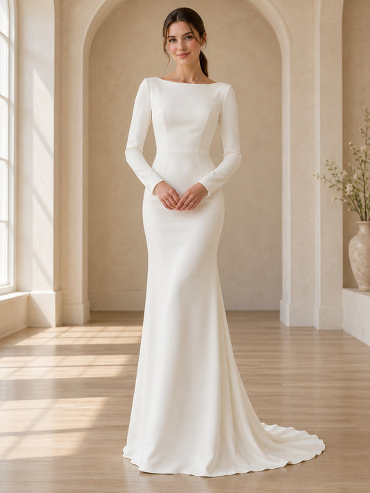 Simple Modest Sheath Bateau Fitted Long Sleeve Crepe Smooth Sweep Train Wedding Dress — image 1, style 748346