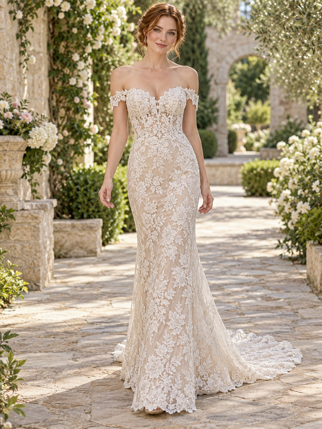 Robe de mariée fourreau à épaules dénudées, encolure cœur, dentelle florale, ajustée et fluide, dos nu et traîne