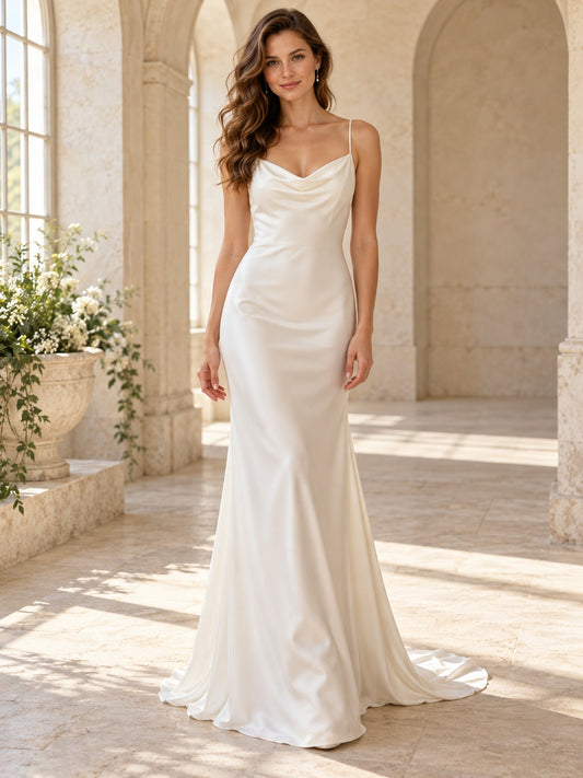 Robe de mariée simple fourreau drapée à fines bretelles en satin lisse ajustée et fluide à dos profond