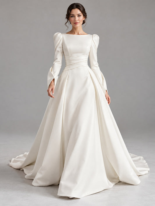 Modest Long Sleeve Bateau Satin Pleated Structured A-line Train Wedding Dress — image 1, style 748384