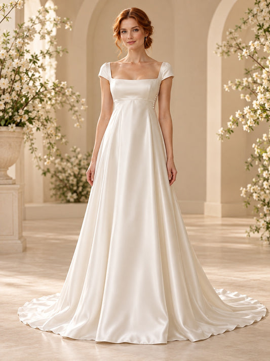 Simple Empire Square Neck Satin Cap Sleeve Flowing Bridal Wedding Dress — image 1, style 748407