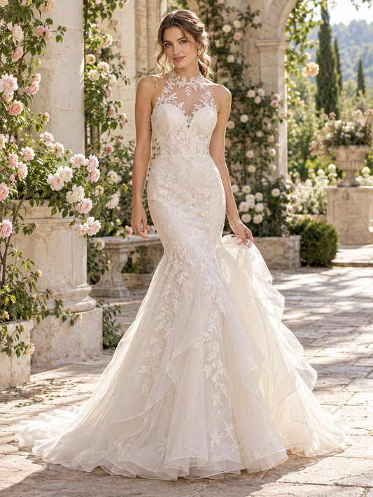 Mermaid High Neck Illusion Lace Layered Tulle Fitted Train Wedding Dress — image 1, style 748419