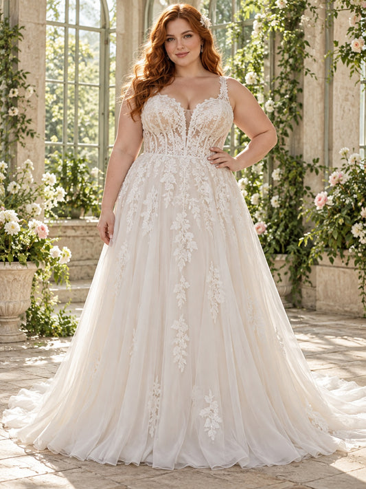Robe de mariée grande taille corset cœur à bretelles en dentelle tulle coupe trapèze avec traîne