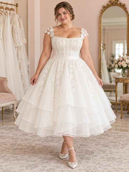 Robe de mariée grande taille longueur thé corset à encolure carrée dentelle superposée