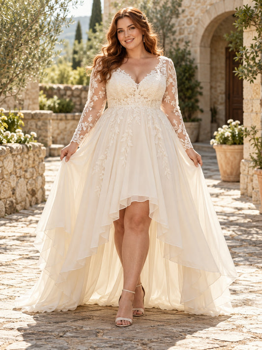 Robe de mariée grande taille asymétrique en mousseline de dentelle à manches longues et col en V