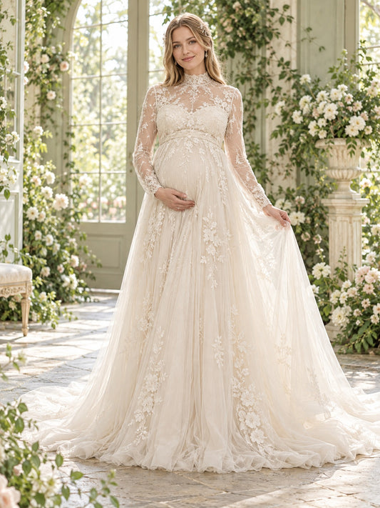 Modest Long Sleeve Maternity Empire Illusion Lace Tulle Wedding Dress — image 1, style 748472