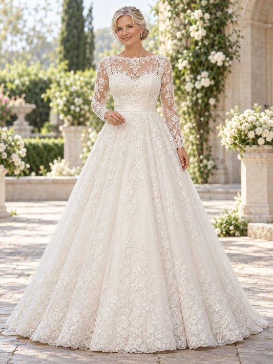 Vestido de novia de encaje y tul en marfil, línea A, escote redondo cerrado y escote corazón, manga larga y cola corta