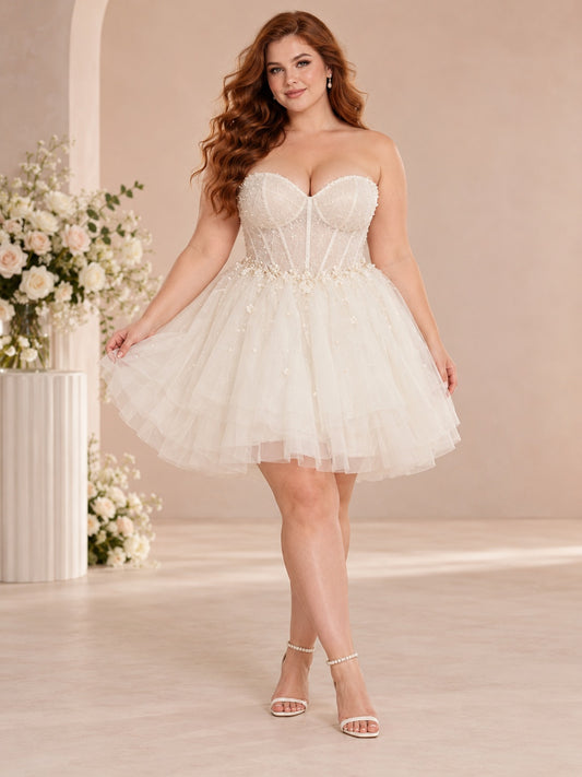 Short Plus Size Strapless Sweetheart Corset Lace Tulle A-line Wedding Dress — image 1, style 748527