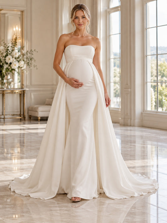 Maternity Simple Strapless Empire Satin Pleated Flowing Bridal Wedding Dress — image 1, style 748530