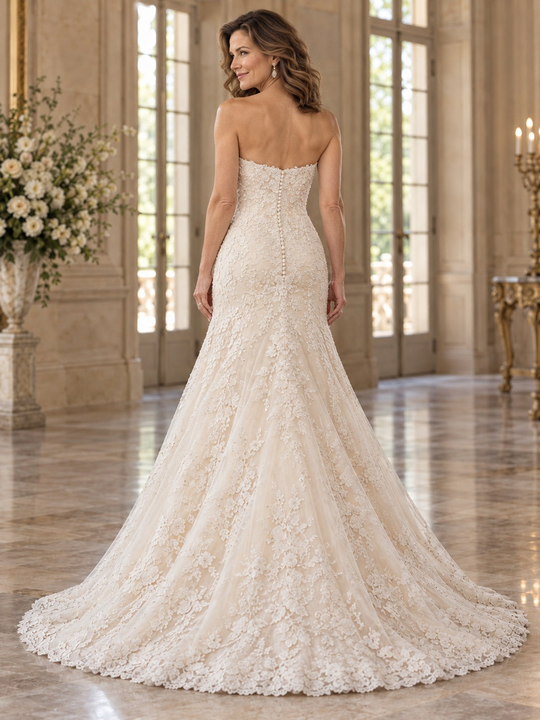 Vestido de novia de encaje en marfil, corte sirena, sin tirantes y cola capilla