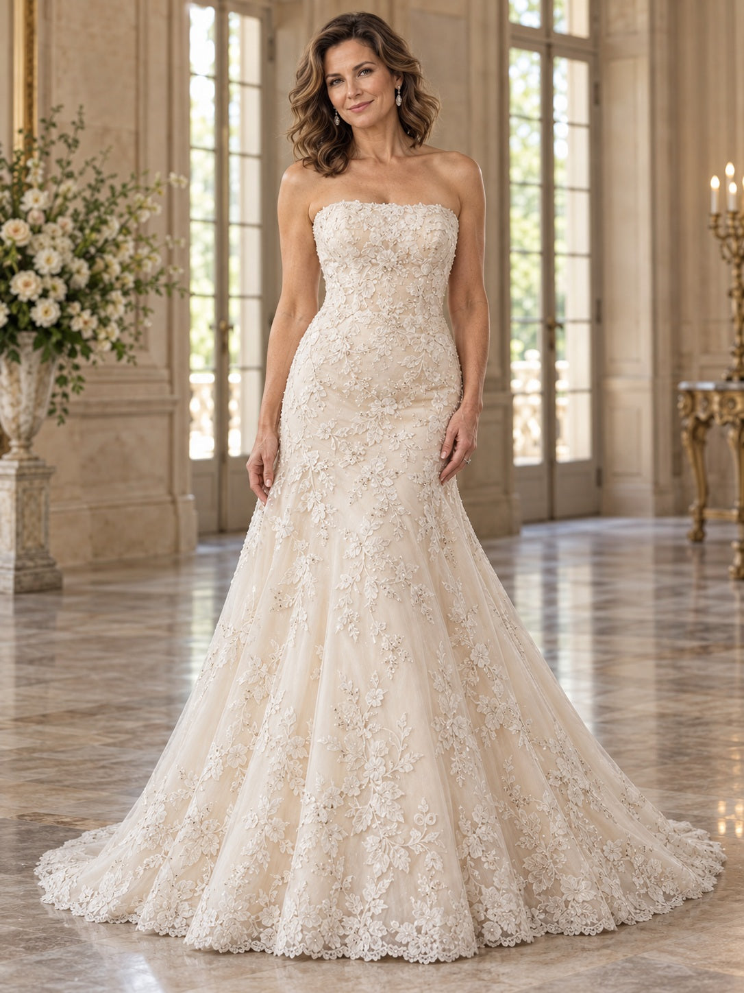 Vestido de novia de encaje en marfil, corte sirena, sin tirantes y cola capilla