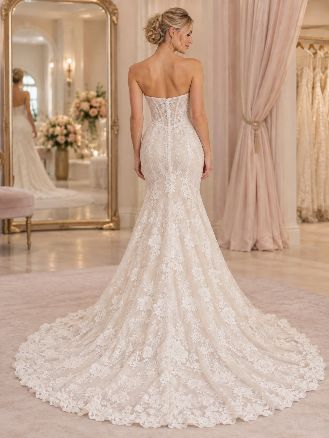 Robe de mariée sirène corset bustier en dentelle florale ajustée à bord festonné et traîne
