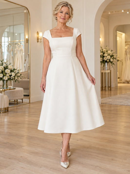 Vestido de novia de satén en marfil, línea A, escote cuadrado, manga corta y largo a media pierna