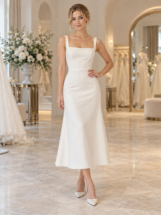 Robe de mariée simple ajustée en satin à bretelles et encolure carrée, longueur thé