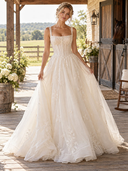 Robe de mariée champêtre en tulle fluide, corset à encolure carrée et bretelles en dentelle