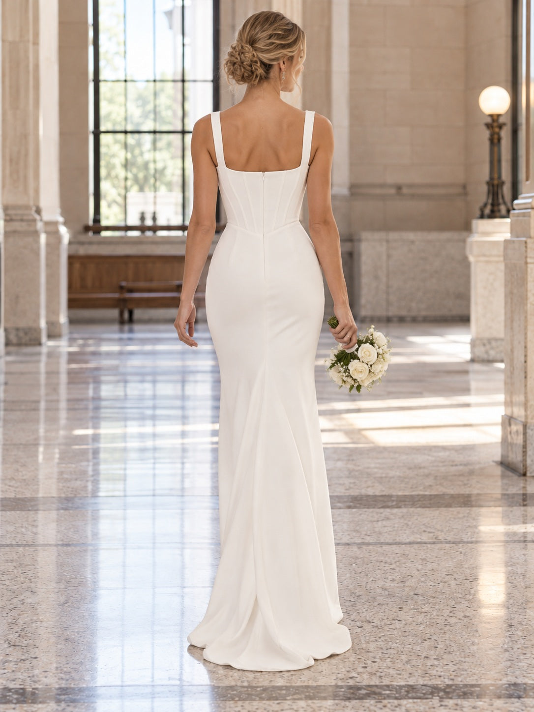Robe de mariée simple en satin, coupe fourreau, corsage à encolure carrée et fente