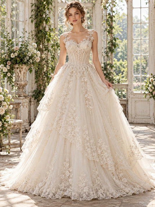 Vintage Sweetheart Corset Lace Strap Layered Tulle Train Wedding Dress — image 1, style 748609