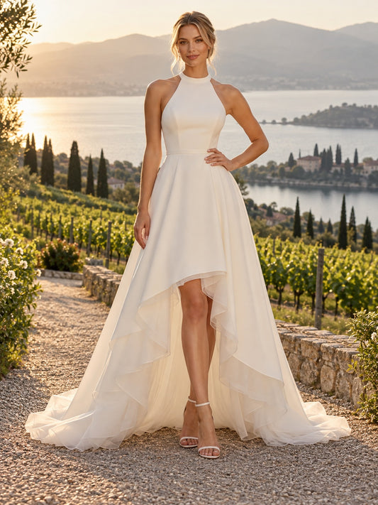 High-low High Neck Simple Halter Satin Sleeveless A-line Wedding Dress — image 1, style 748639