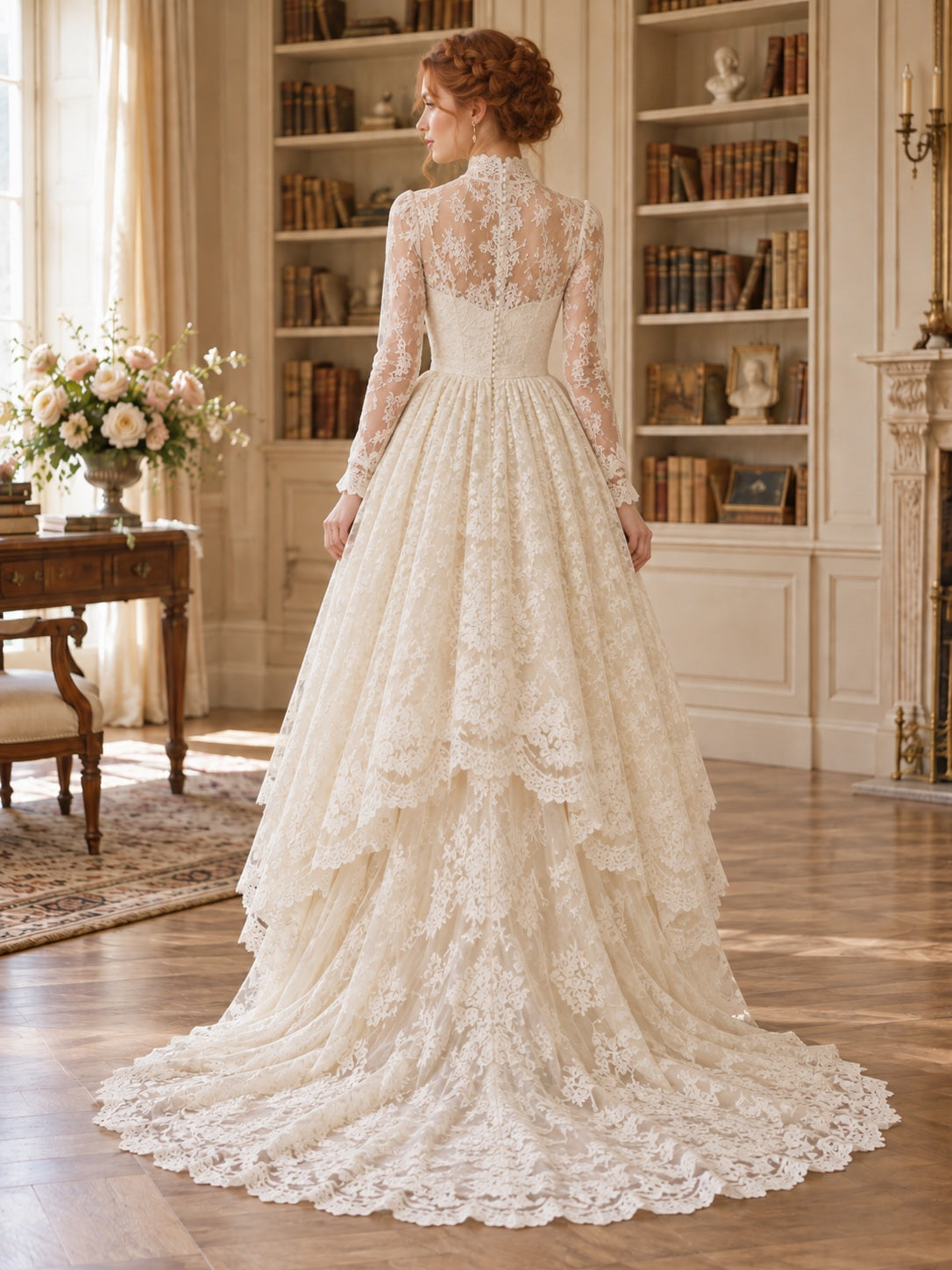 Robe de mariée vintage asymétrique à manches longues et col montant, en dentelle festonnée à volants