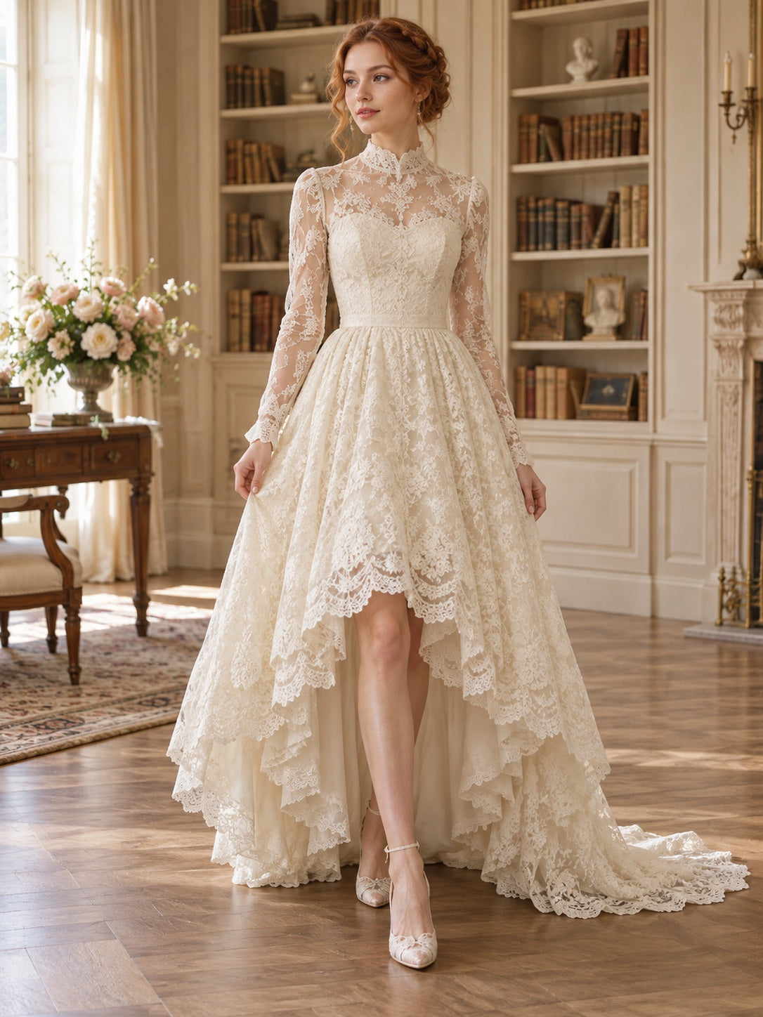 Robe de mariée vintage asymétrique à manches longues et col montant, en dentelle festonnée à volants
