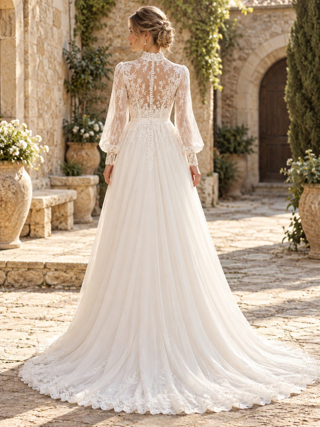 Fließendes A-Linien-Brautkleid aus Boho-Chiffon mit Spitze, langen Ärmeln und hohem Kragen