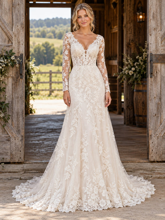Vestido de novia de encaje en marfil, corte sirena, escote en V, manga larga y cola corta