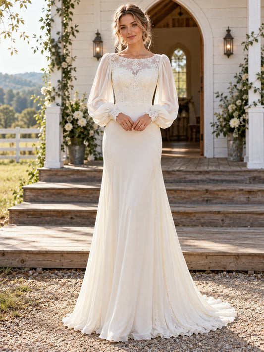 Langärmliges, fließendes, figurbetontes Hochzeitskleid im Landhausstil mit Bateau-Ausschnitt und Spitze