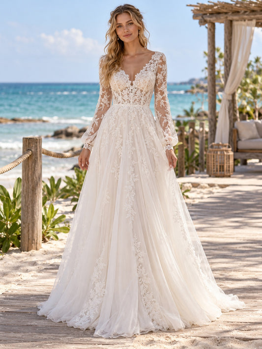 Fließendes A-Linien-Brautkleid mit langen Ärmeln, V-Ausschnitt, floraler Spitze und Tüll