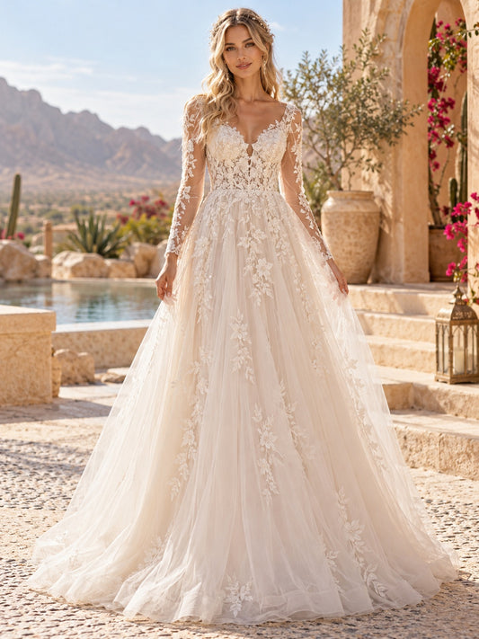 Langärmliges, florales Tüll-Brautkleid mit V-Ausschnitt und Spitzenbesatz