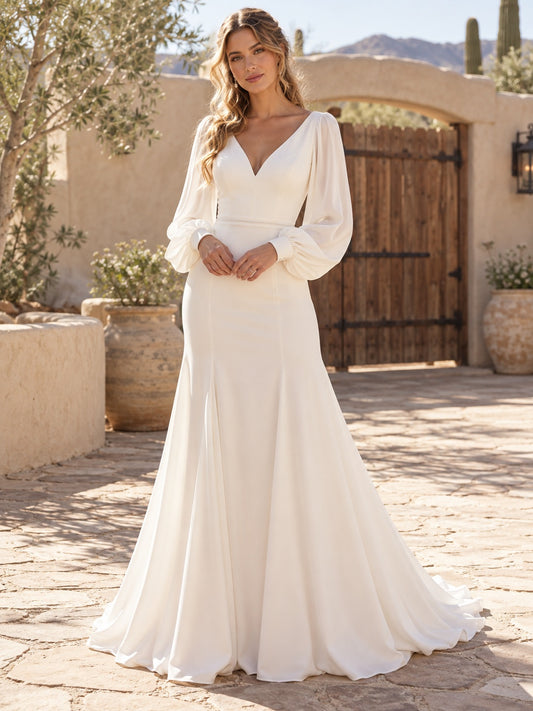 Long Sleeve Simple V-neck Smooth Fitted Flowing Country Wedding Dress — image 1, style 748701