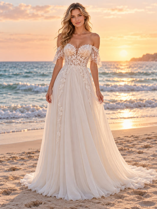 Schulterfreies, fließendes A-Linien-Brautkleid aus Chiffon mit Herz-Ausschnitt und Spitze für die Strandhochzeit