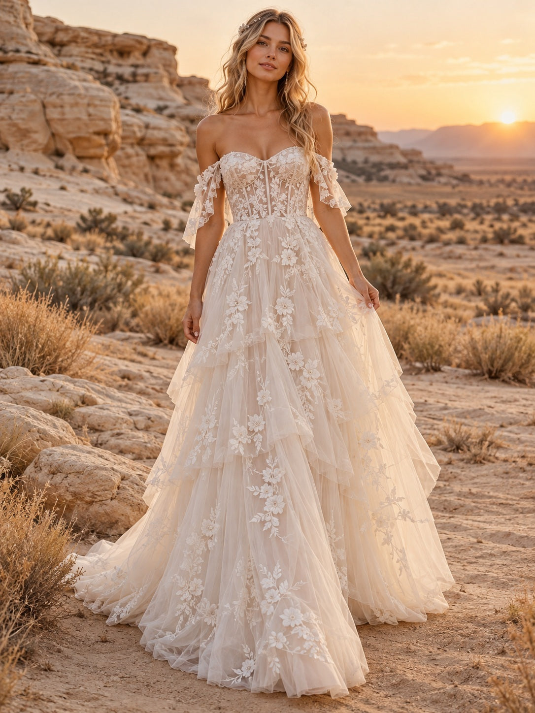 Robe de mariée bohème à épaules dénudées, encolure cœur, dentelle florale et tulle à volants