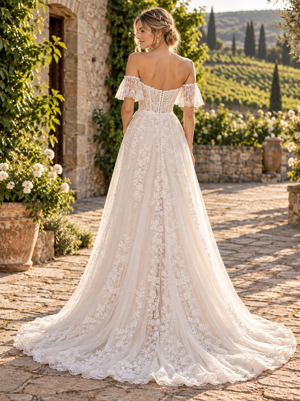 Boho Off Shoulder Flutter Sleeve Floral Lace Flowing Wedding Dress ...