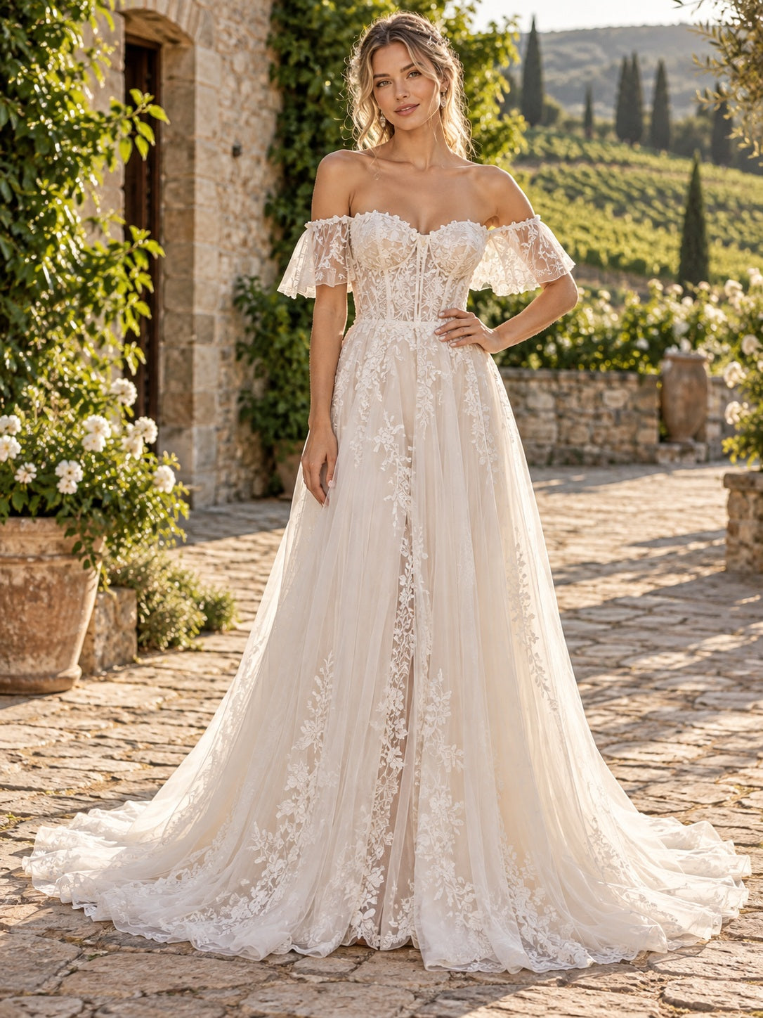 Boho Off Shoulder Flutter Sleeve Floral Lace Flowing Wedding Dress ...