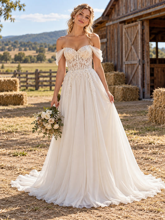 Country Off Shoulder Sweetheart Lace Chiffon Gathered A-line Wedding Dress — image 1, style 748716