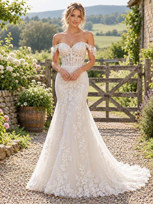 Vestido de novia de encaje en marfil, corte sirena, hombros descubiertos y escote corazón, manga corta y cola corta