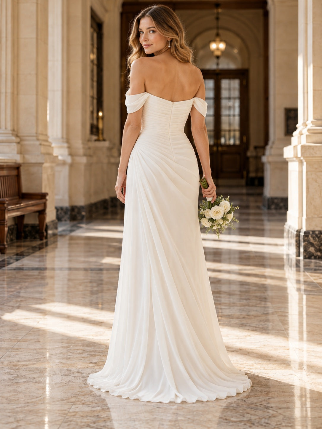 Robe de mariée fourreau simple en mousseline froncée à col cœur et épaules dénudées avec fente
