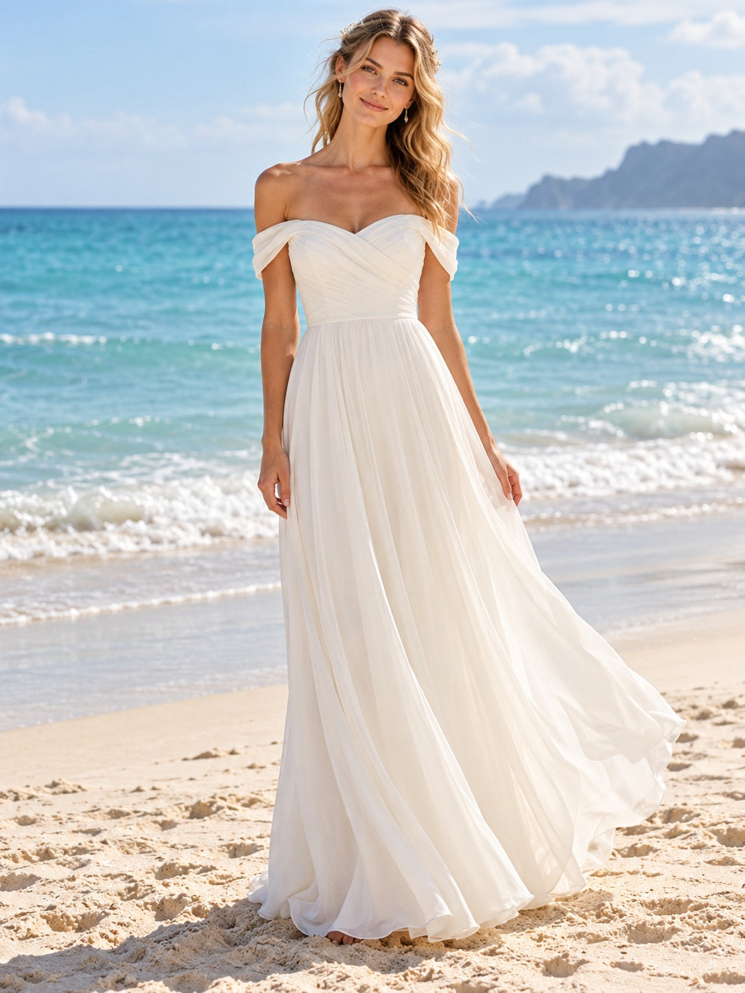 Robe de mariée de destination simple et fluide en mousseline, à épaules dénudées et encolure cœur