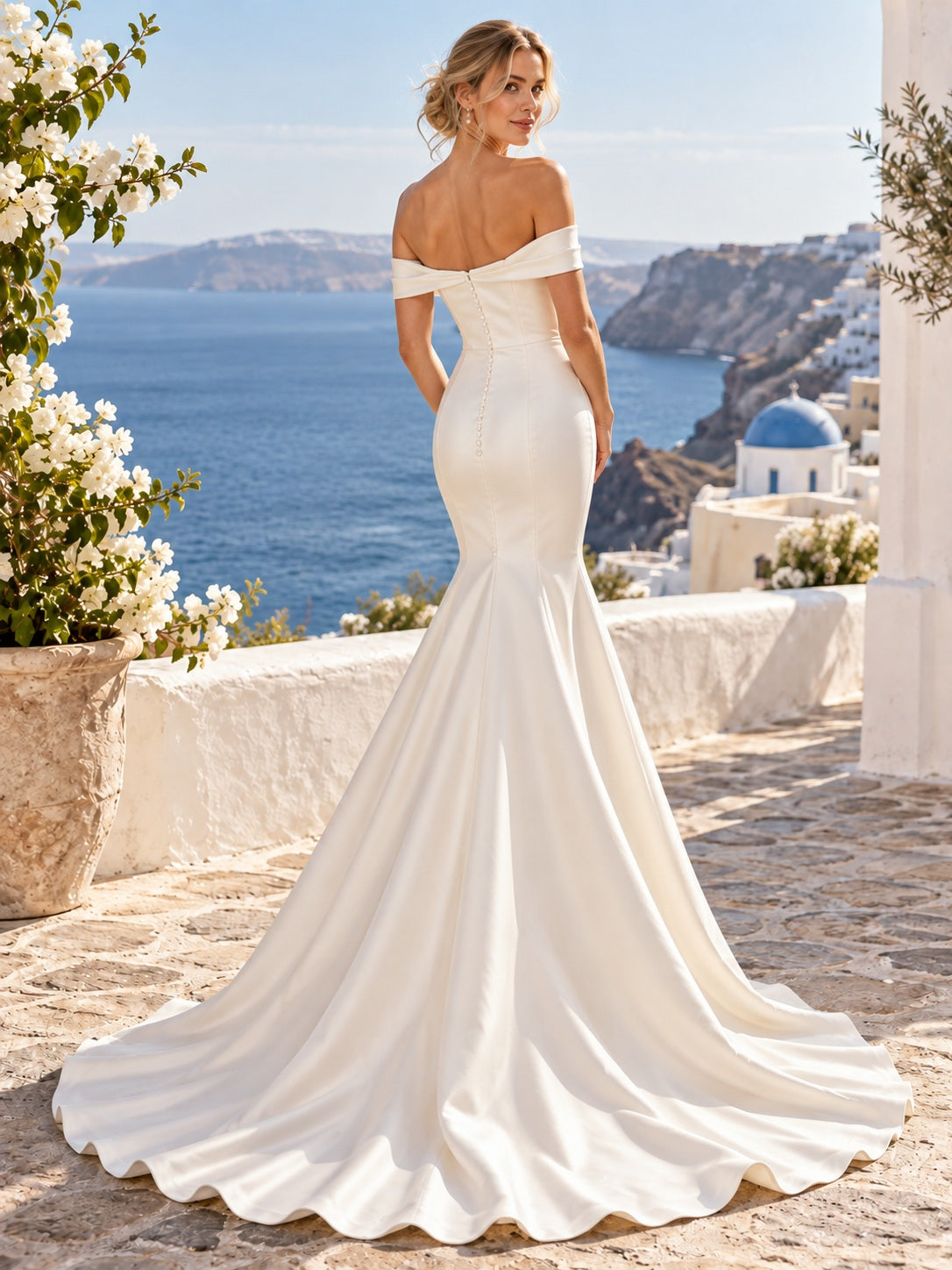 Robe de Mariage à Destination Simple Sirène Ajustée en Satin à Épaules Dénudées et Décolleté Cœur