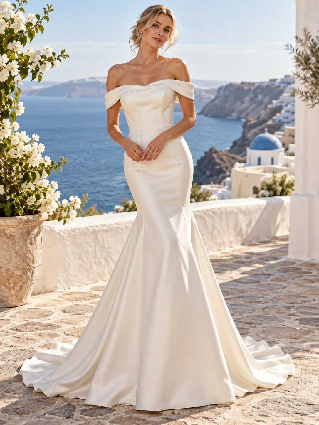Robe de Mariage à Destination Simple Sirène Ajustée en Satin à Épaules Dénudées et Décolleté Cœur