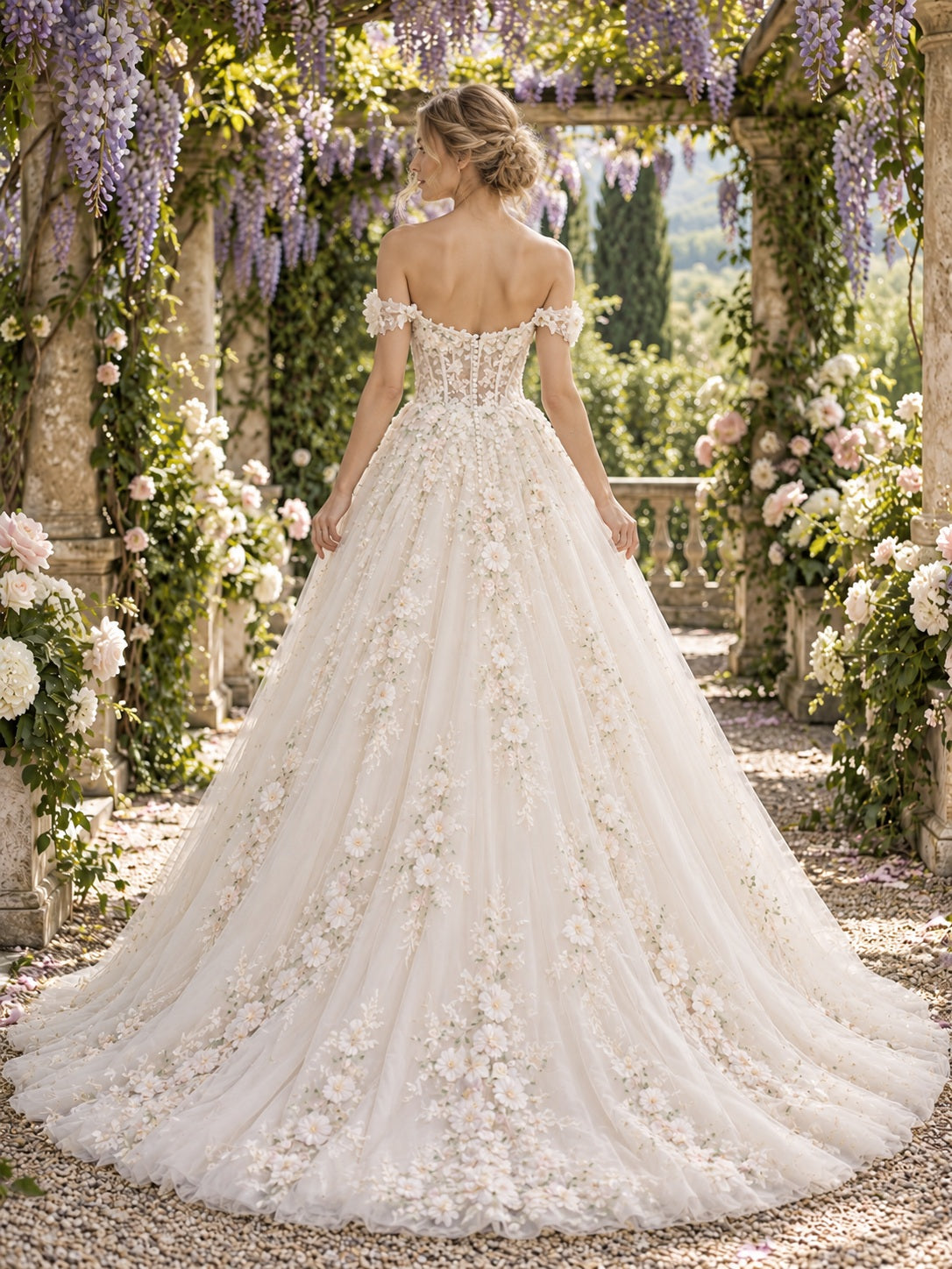 Robe de mariée de jardin en tulle, à épaules dénudées, avec encolure cœur et dentelle florale