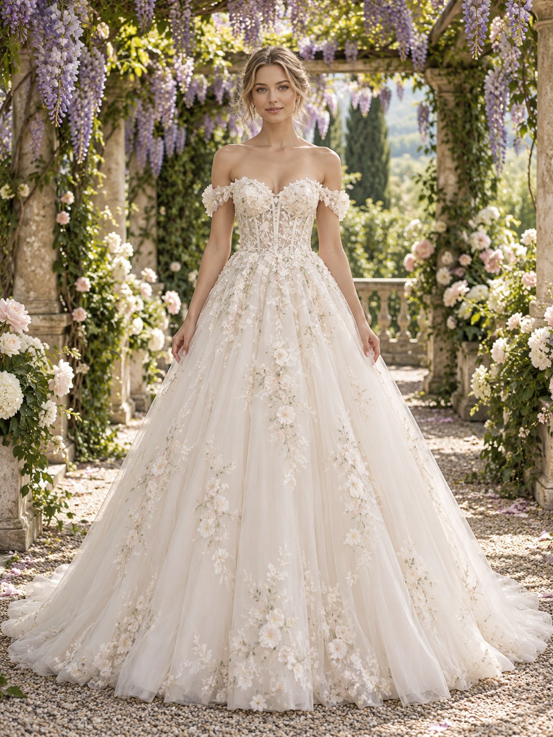 Robe de mariée de jardin en tulle, à épaules dénudées, avec encolure cœur et dentelle florale