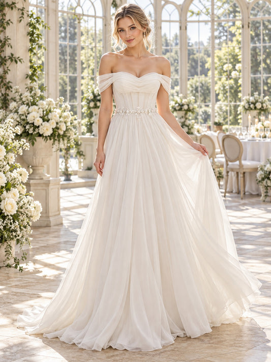Robe de mariée de réception trapèze fluide en mousseline froncée à épaules dénudées et décolleté cœur