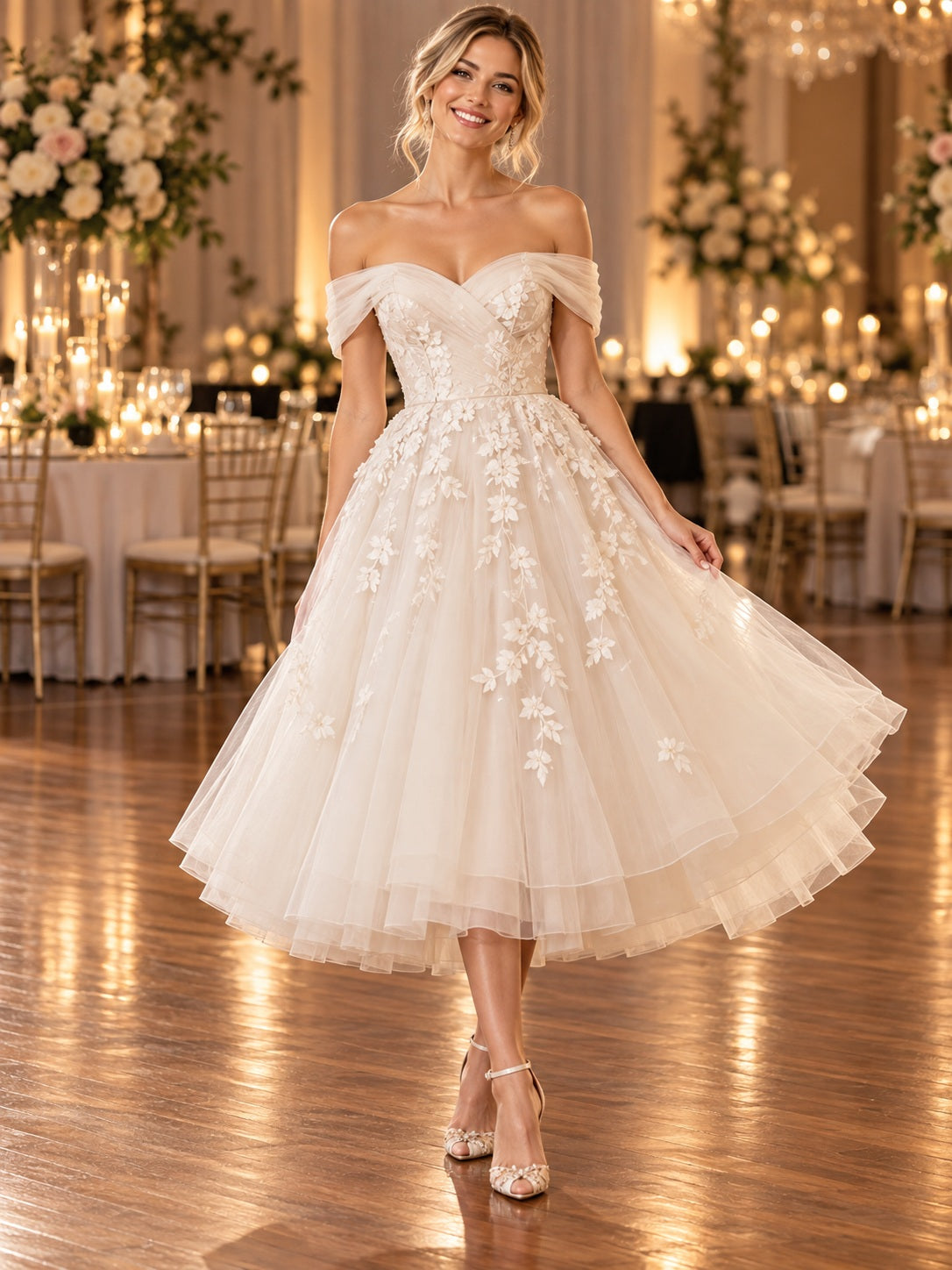 Robe de mariée longueur thé à épaules dénudées, corsage cœur, dentelle florale et jupe ample en tulle
