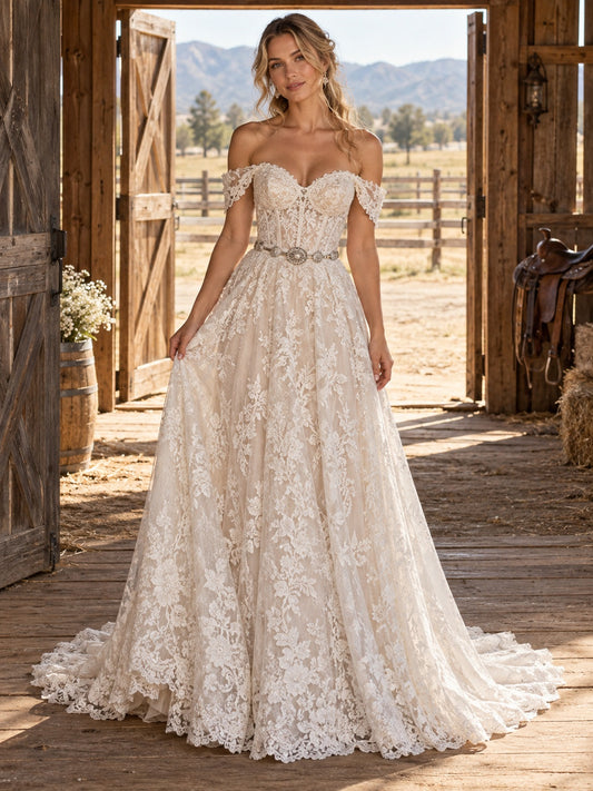 Robe de mariée occidentale bustier en dentelle florale, coupe trapèze, longueur midi