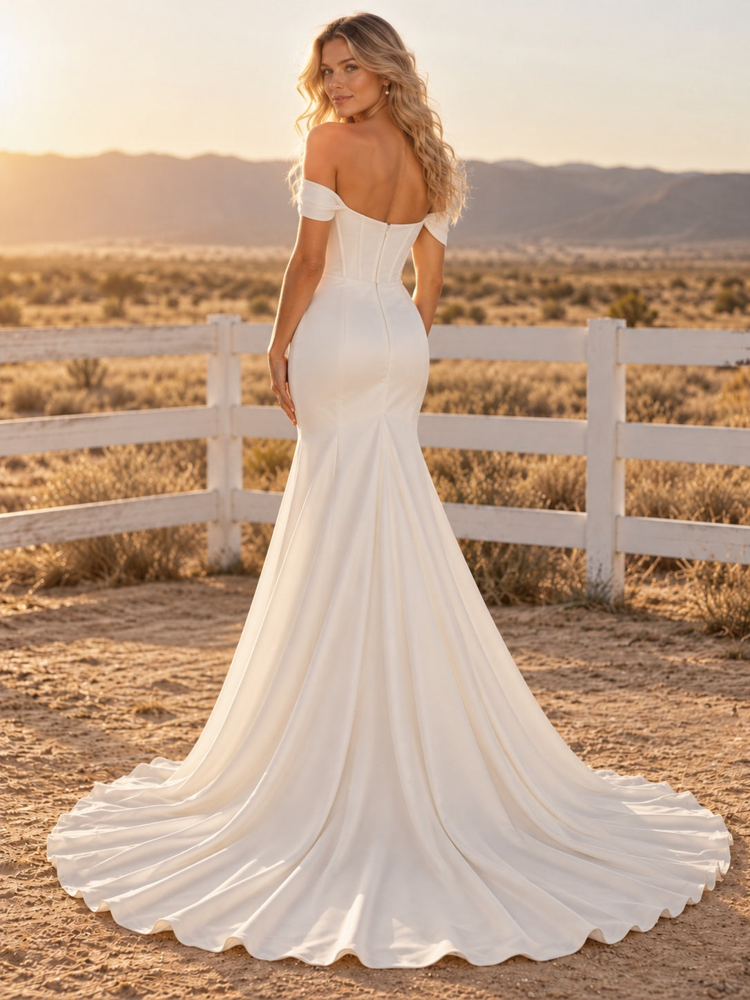 Vestido de novia de crepé en marfil, corte sirena, hombros descubiertos y escote corazón, manga corta y cola corta