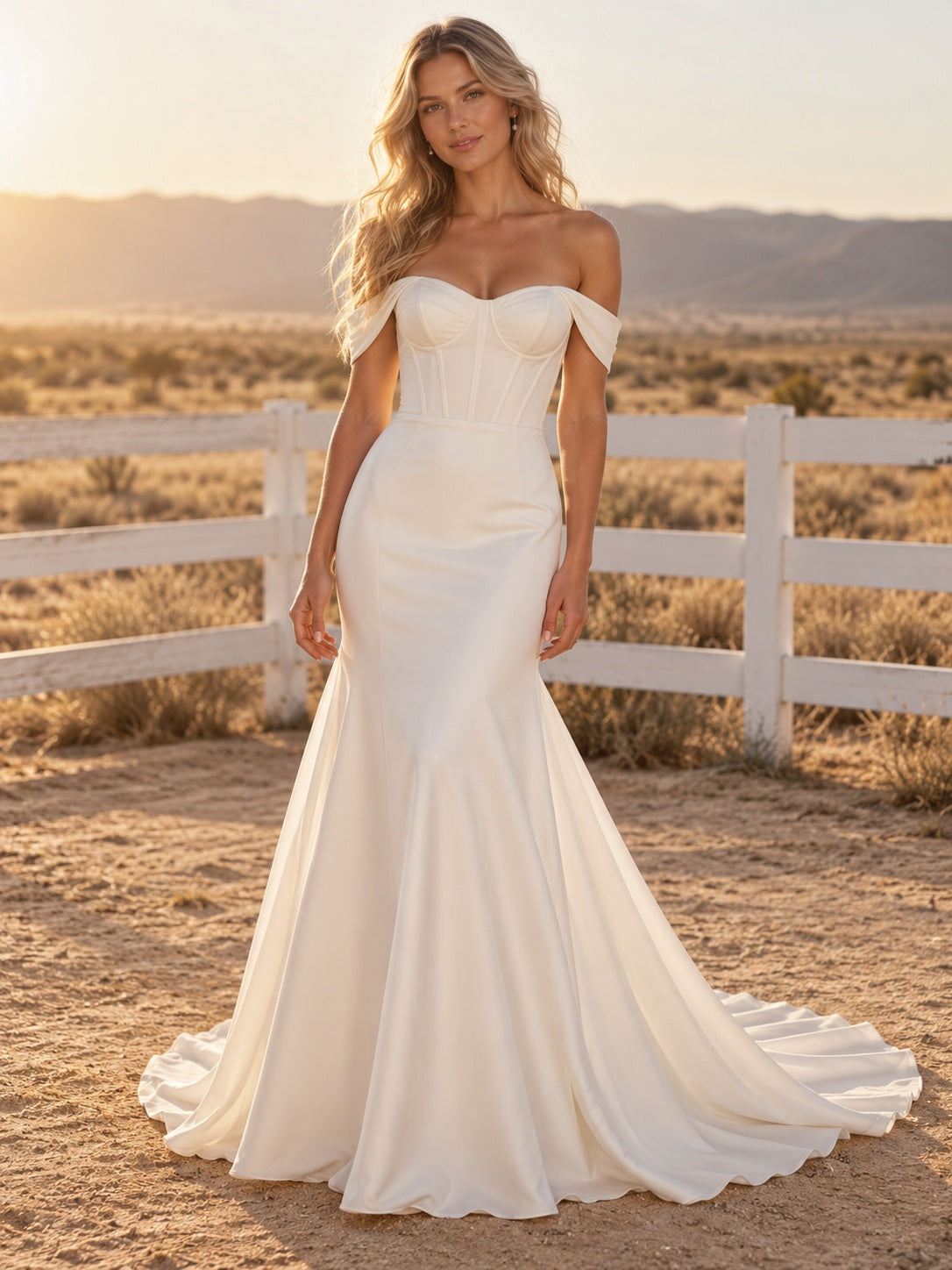 Vestido de novia de crepé en marfil, corte sirena, hombros descubiertos y escote corazón, manga corta y cola corta