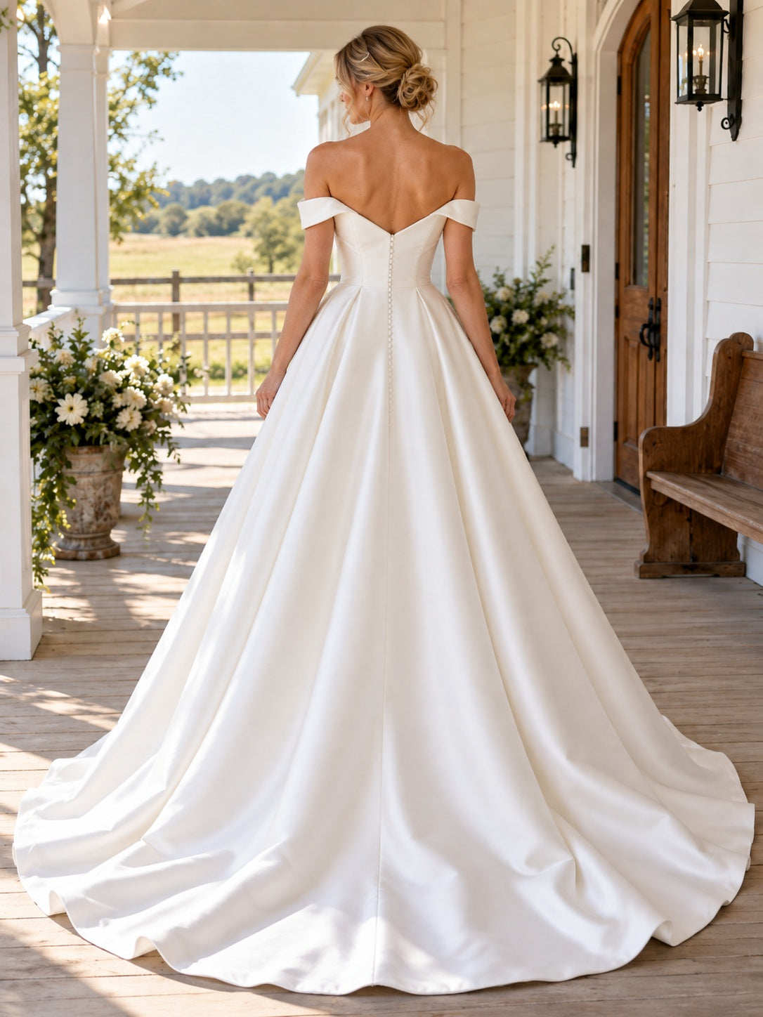 Robe de mariée longue plissée en satin, style occidental, simple, à épaules dénudées et encolure cœur